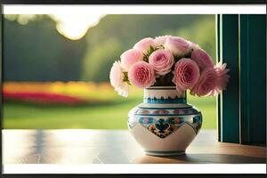 een vaas van roze bloemen Aan een venster dorpel. ai-gegenereerd foto
