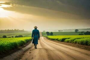 een vrouw in een blauw jurk wandelingen naar beneden een aarde weg. ai-gegenereerd foto