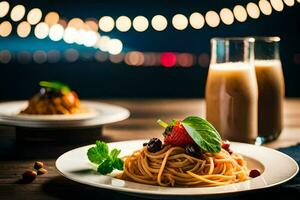 spaghetti met tomaat saus en basilicum Aan een bord. ai-gegenereerd foto