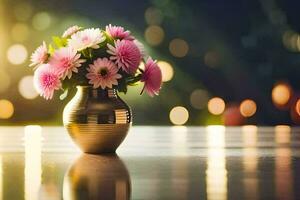 een vaas met roze bloemen Aan een tafel in voorkant van een bokeh achtergrond. ai-gegenereerd foto