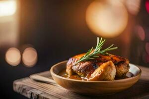 kip borst met jus en rozemarijn takjes Aan een houten bord. ai-gegenereerd foto