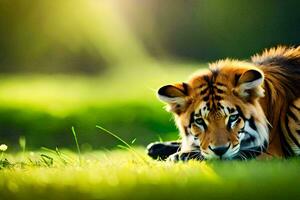 een tijger houdende in de gras. ai-gegenereerd foto