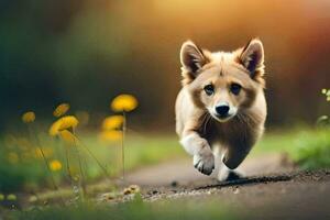 een hond rennen Aan een aarde weg met geel bloemen. ai-gegenereerd foto