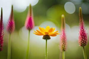 een geel bloem is staand uit in de midden- van een veld. ai-gegenereerd foto