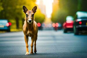 een hond wandelen Aan de weg in voorkant van auto's. ai-gegenereerd foto