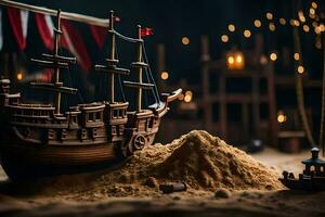 een model- van een piraat schip in de zand. ai-gegenereerd foto