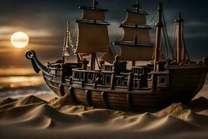 een Lego schip Aan de zand Bij zonsondergang. ai-gegenereerd foto