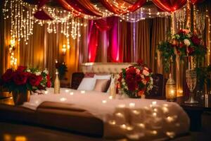 een bruiloft kamer versierd met rood en goud lichten. ai-gegenereerd foto