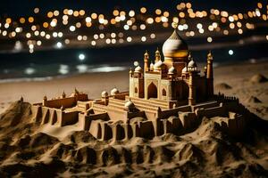 een zand kasteel is getoond Bij nacht. ai-gegenereerd foto