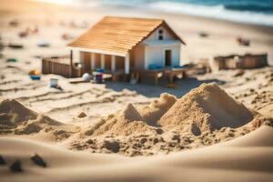 een miniatuur huis Aan de strand met zand. ai-gegenereerd foto