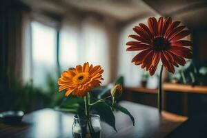 twee bloemen in een vaas Aan een tafel. ai-gegenereerd foto