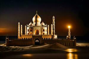 een taj mahal Bij nacht in de woestijn. ai-gegenereerd foto