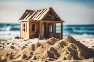 een klein houten huis Aan de strand met zand. ai-gegenereerd foto