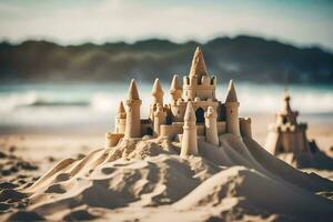 zand kastelen Aan de strand. ai-gegenereerd foto