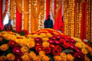 een Mens staand in voorkant van een groot bloem regeling. ai-gegenereerd foto