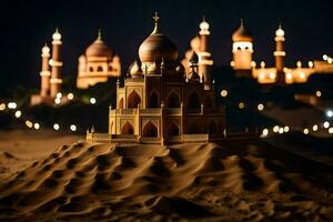 een zand kasteel in de woestijn Bij nacht. ai-gegenereerd foto
