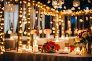 een bruiloft ontvangst met kaarsen en lichten. ai-gegenereerd foto
