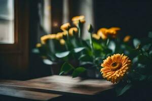 oranje bloemen Aan een houten tafel in voorkant van een venster. ai-gegenereerd foto