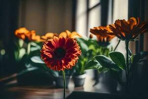 oranje bloemen in voorkant van een venster. ai-gegenereerd foto