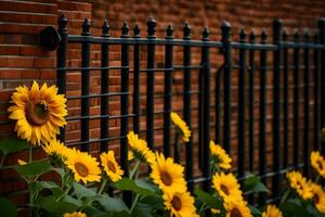 zonnebloemen in voorkant van een zwart ijzer schutting. ai-gegenereerd foto