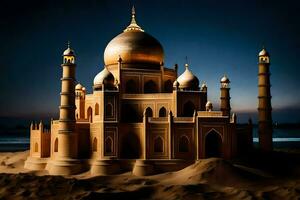 een zand kasteel is getoond in de woestijn. ai-gegenereerd foto