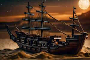 een piraat schip in de zand Bij nacht. ai-gegenereerd foto