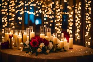 kaarsen en bloemen zijn reeks omhoog Aan een tafel met lichten. ai-gegenereerd foto