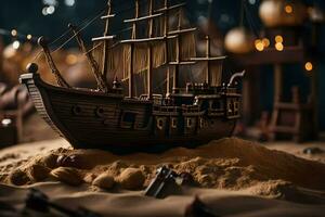een model- van een schip in de zand. ai-gegenereerd foto