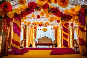 een bruiloft ceremonie met kleurrijk bloemen en decoraties. ai-gegenereerd foto