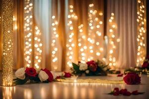 een bruiloft ceremonie met kaarsen en bloemen. ai-gegenereerd foto