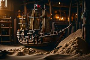 een model- van een piraat schip in een zand pit. ai-gegenereerd foto