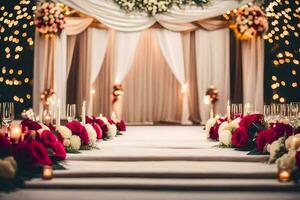 een bruiloft ceremonie met rood en wit bloemen. ai-gegenereerd foto