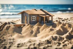 een miniatuur huis is zittend Aan de zand in de buurt de oceaan. ai-gegenereerd foto