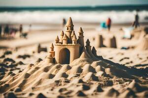 een zand kasteel Aan de strand. ai-gegenereerd foto