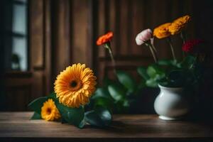 bloemen in een vaas Aan een tafel. ai-gegenereerd foto