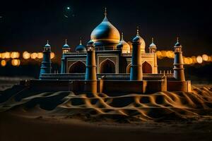 een taj mahal Bij nacht in de woestijn. ai-gegenereerd foto