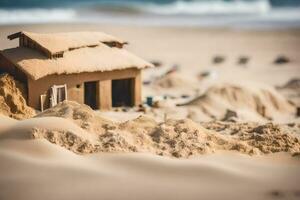 een zand kasteel Aan de strand. ai-gegenereerd foto