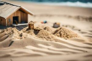 een miniatuur huis Aan de strand met zand. ai-gegenereerd foto