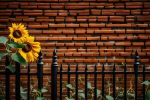 twee zonnebloemen zijn in voorkant van een steen muur. ai-gegenereerd foto