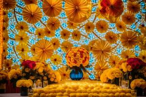 een tafel met geel bloemen en kaarsen. ai-gegenereerd foto