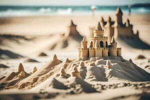 een zand kasteel Aan de strand. ai-gegenereerd foto