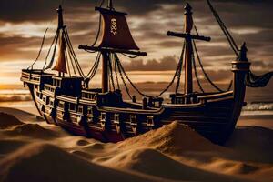 een Lego schip Aan de strand Bij zonsondergang. ai-gegenereerd foto