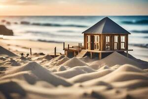 een miniatuur huis zit Aan de zand in de buurt de oceaan. ai-gegenereerd foto