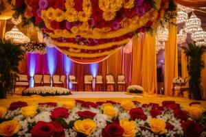 een bruiloft ceremonie met kleurrijk bloemen en een kroonluchter. ai-gegenereerd foto