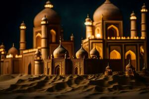 een model- van een moskee in de woestijn. ai-gegenereerd foto