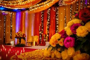 een bruiloft ceremonie met rood en geel bloemen. ai-gegenereerd foto