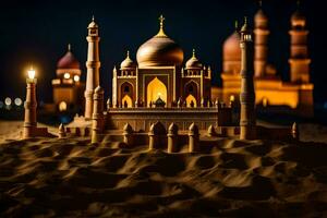 een model- van een moskee in de woestijn Bij nacht. ai-gegenereerd foto