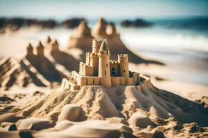 zand kasteel Aan de strand. ai-gegenereerd foto