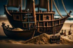 een miniatuur schip en zand duinen Aan de strand. ai-gegenereerd foto