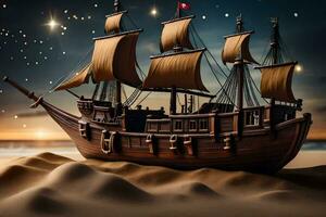 een model- schip Aan de zand Bij nacht. ai-gegenereerd foto